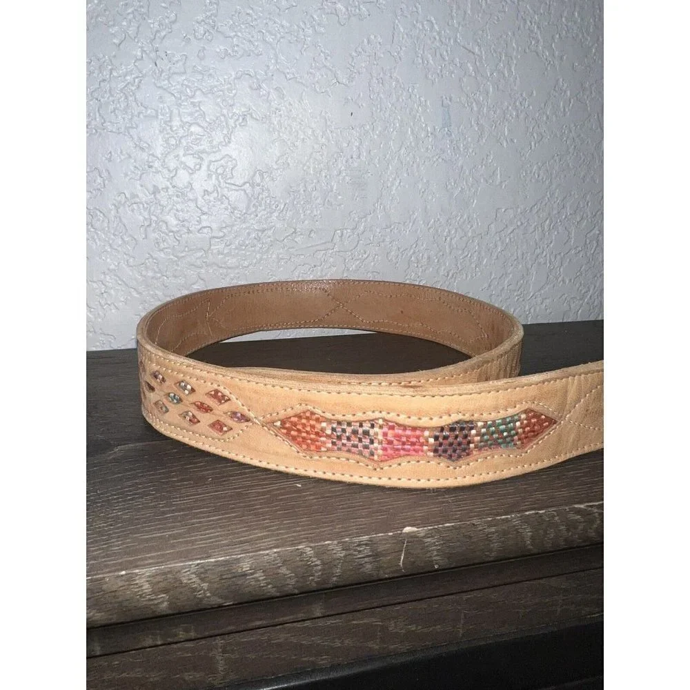 Western Leather Bohemian Belt Lamb Skin Colorful Stitching Size 28 Boho A1